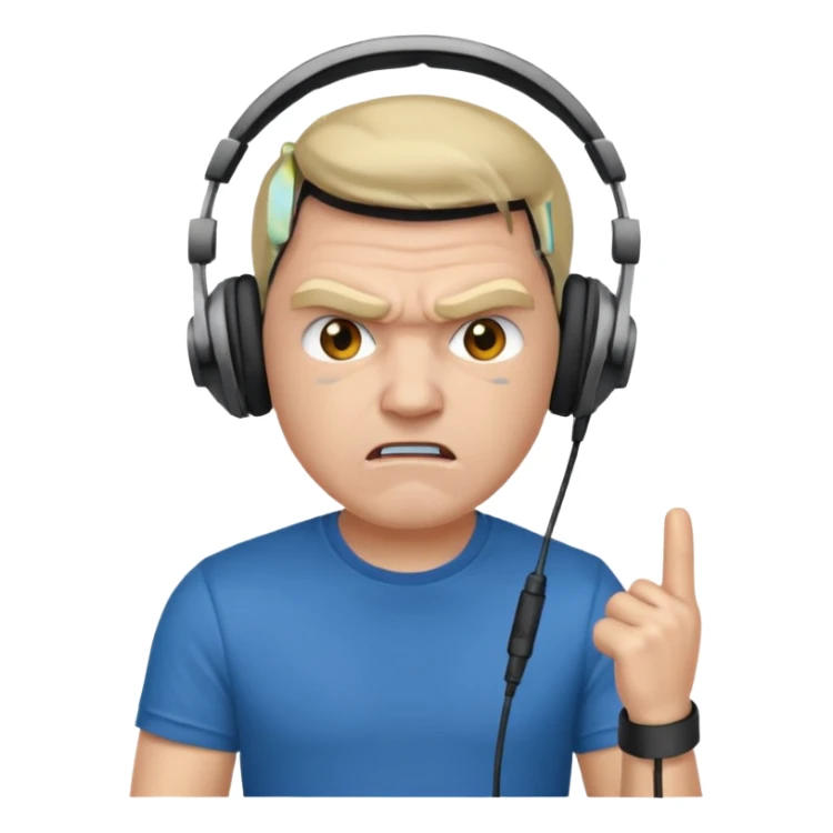 Male, angry, wearing headphone having mic, t-shirt 
 sticker