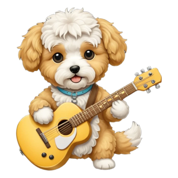 Maltipoo Golden Dog with a guitar sticker