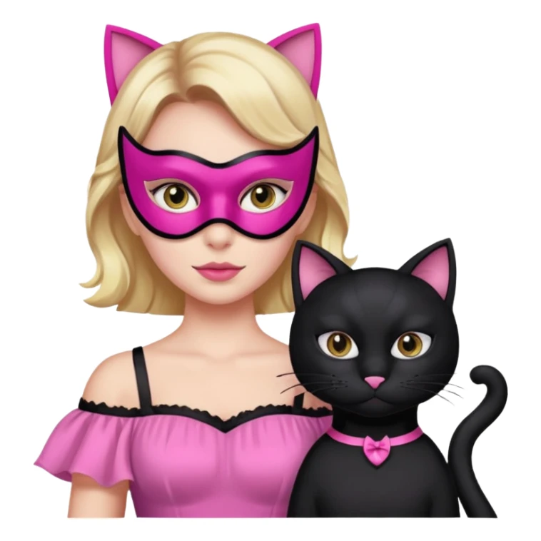a black cat with pink mask and dress, half upon
 sticker