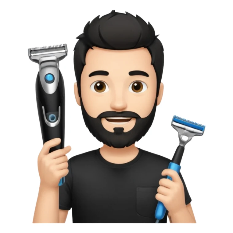 smiling young fair-skinned man with messy black hair and beard, wearing a black t-shirt, holding a single face beard trimmer in one hand, trimmer true to real size sticker