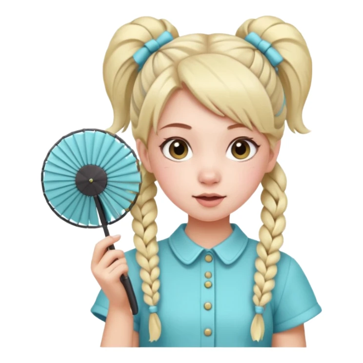 A pigtail girl in modern outfit using a pastel fan with playful expression. sticker