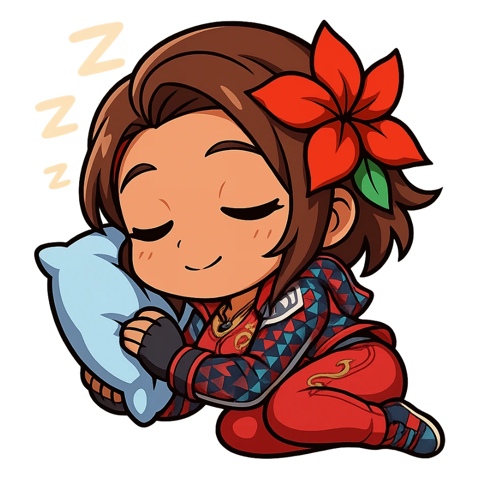 Azucena from Tekken 8 in chibi sticker style, sleeping peacefully with a little pillow, standard Twitch emote, wearing her detailed red and patterned outfit as shown in the reference images. sticker