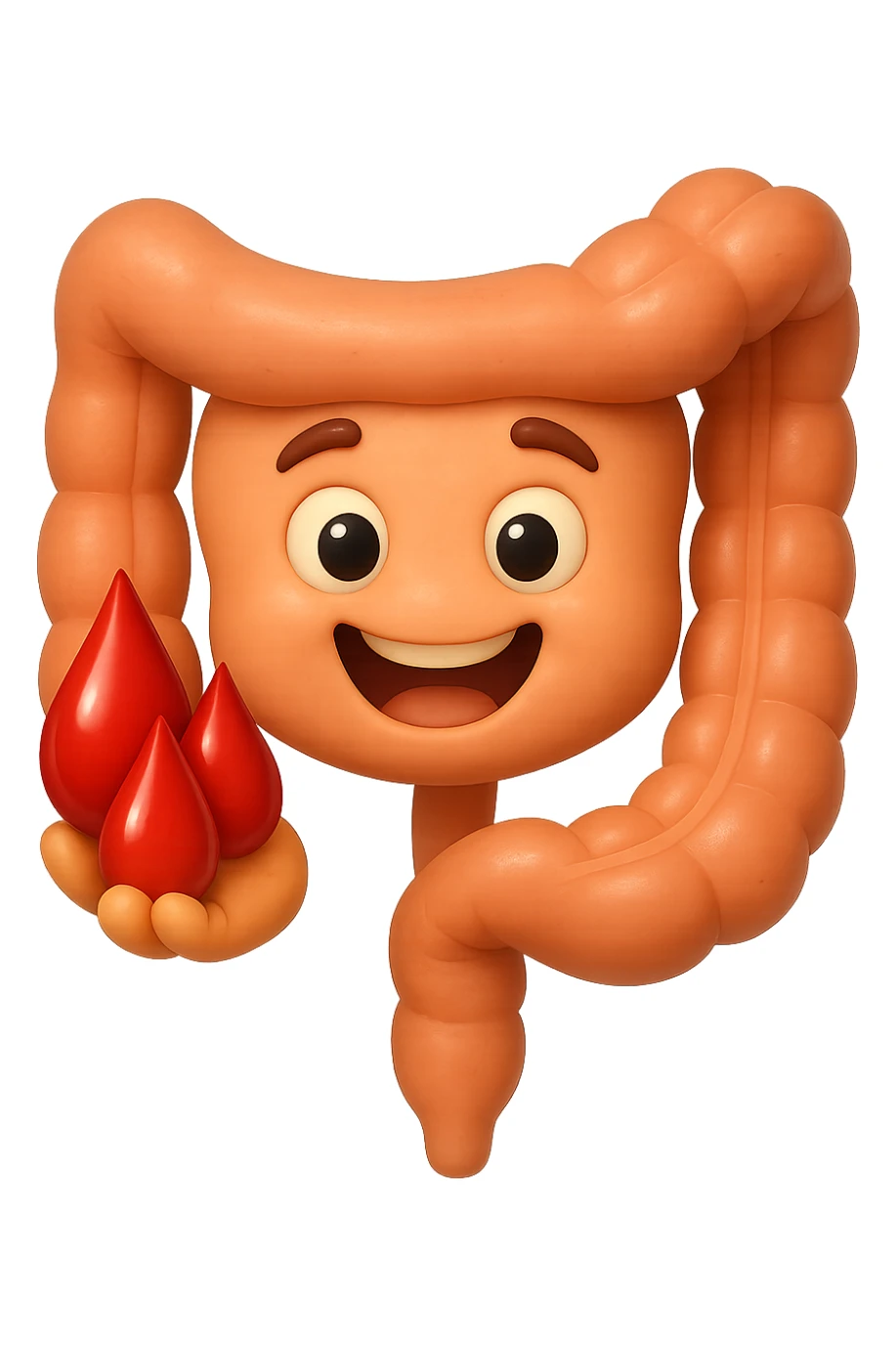 emoji stile iphone 3d di stomaco e intestino collegati verticalmente con 3 gocce di sangue 3d in mano, iperrealistiche 4k sticker