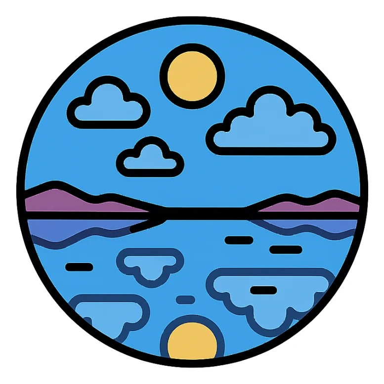 icon style of Uyuni salt flat desert with sky reflection, clear sky and clouds, water reflecting the sky, mystical and peaceful atmosphere sticker