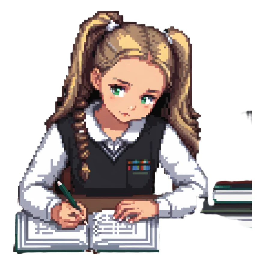 Girl with ponytail working on exam at desk with textbooks sticker