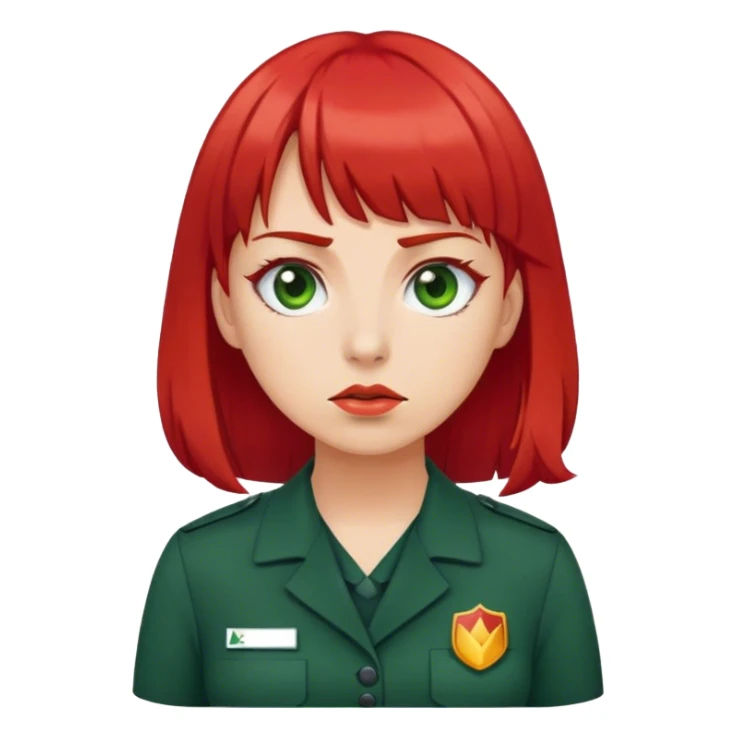 Woman with red bangs dark green work dress  and work badge  sticker