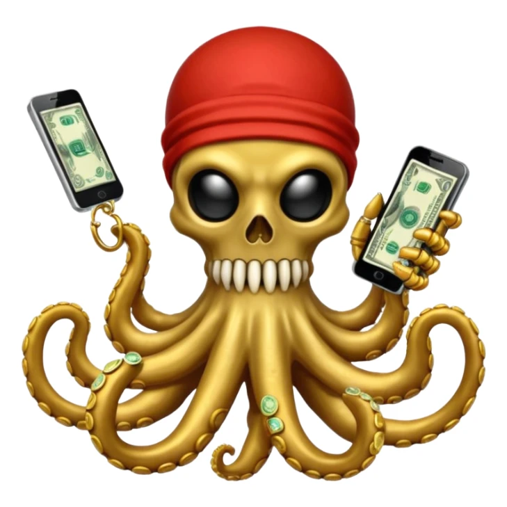satanic octopus skeleton with scary evil eyes wearing a gold necklace and balaclava. 1 tentacle is holding a cellphone, 1 tentacle is holding a bone, 1 tentacle is holding a stack of cash. sticker
