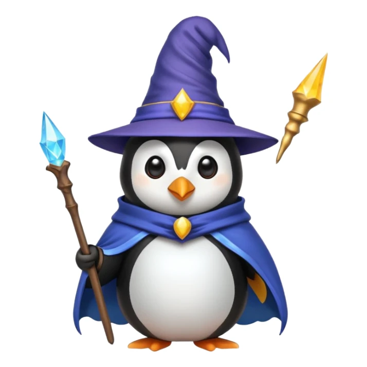 penguin dressed as a wizard with a pointy hat and a magic wand, fun emoji style sticker