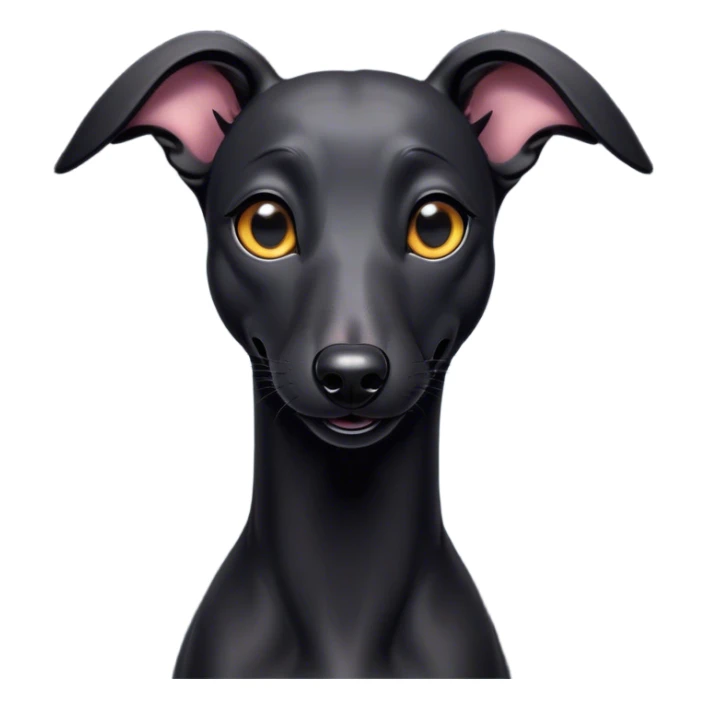 Cinematic Comical Black Greyhound Portrait Emoji, Head tilted dramatically with an exaggeratedly amused expression, featuring a glossy jet-black Fur and wide, expressive dark eyes filled with playful disbelief, Simplified yet hilariously expressive features, highly detailed, glowing with a slightly sassy glow, high shine, dramatic yet playful, stylized with an air of cheeky mischief, bright and endearing, soft glowing outline, capturing the essence of a spirited and over-the-top racer, so meme-worthy it feels like it could side-eye its way into internet fame instantly! sticker