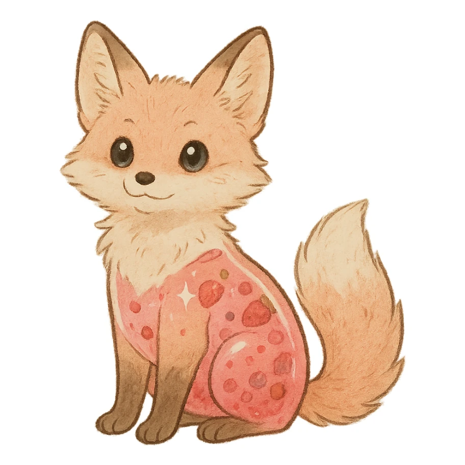 soft fluffy fox with a transparent body filled with fruity smoothie, sparkling eyes, pastel pink, full-body sticker