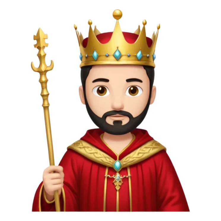 Bearded King, young king with short black beard, royal staff in hand, wearing crown
 sticker