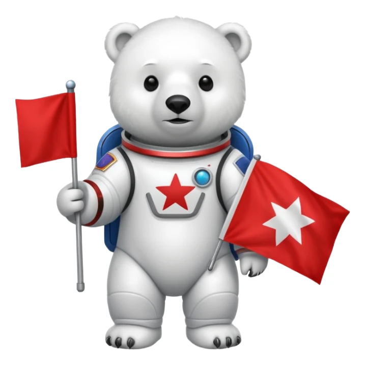 Polar bear in space suit, holding red rectangle flag sticker