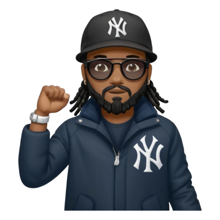 African American man with shoulder length black dreadlocks with black beard wearing black sunglasses wearing a New York Yankees logo baseball cap wearing a all dark black bubble winter coat flexing arm muscles sticker