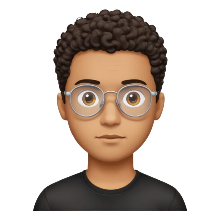Young Latino man with small oval face, big forehead, aviator glasses, shaved sides with short curly hair on top, neutral-friendly expression, brown skin, black t-shirt sticker