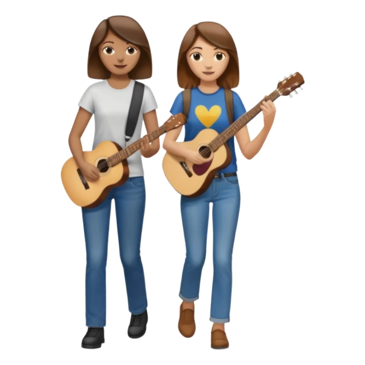 based on emoji style, like this "💁🏻‍♀️" "💁🏽‍♂️" "💁🏻", two people walking together. one is brown-haired woman, wearing business casual, holding a guitar. Another one is a non-binary person, wearing t shirt and jeans, and the second person doesn't have anything on their hands. sticker