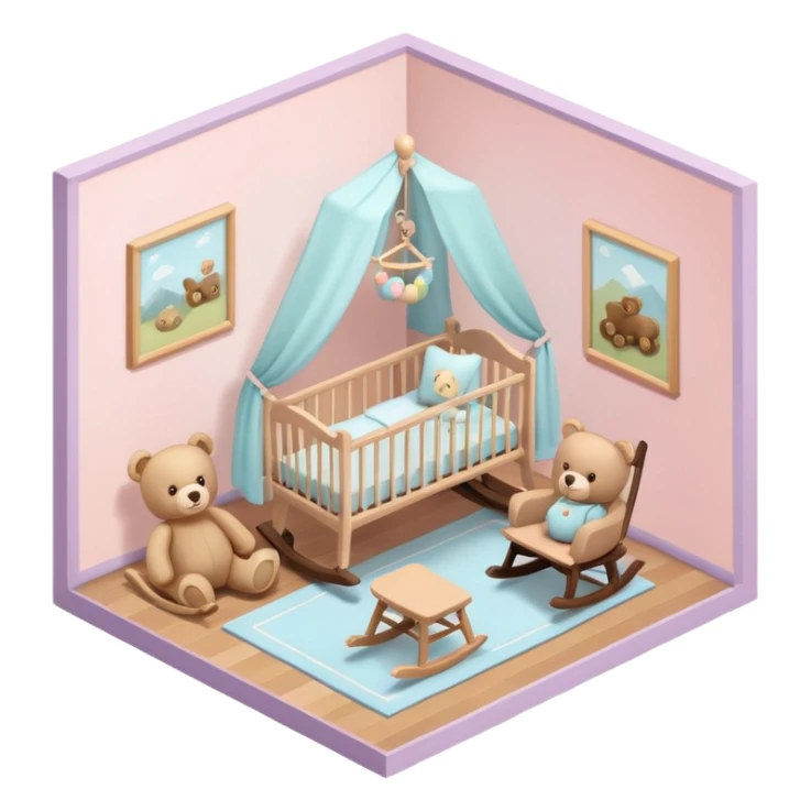 isometric baby room, Nursery with pastel walls and hanging mobile sticker