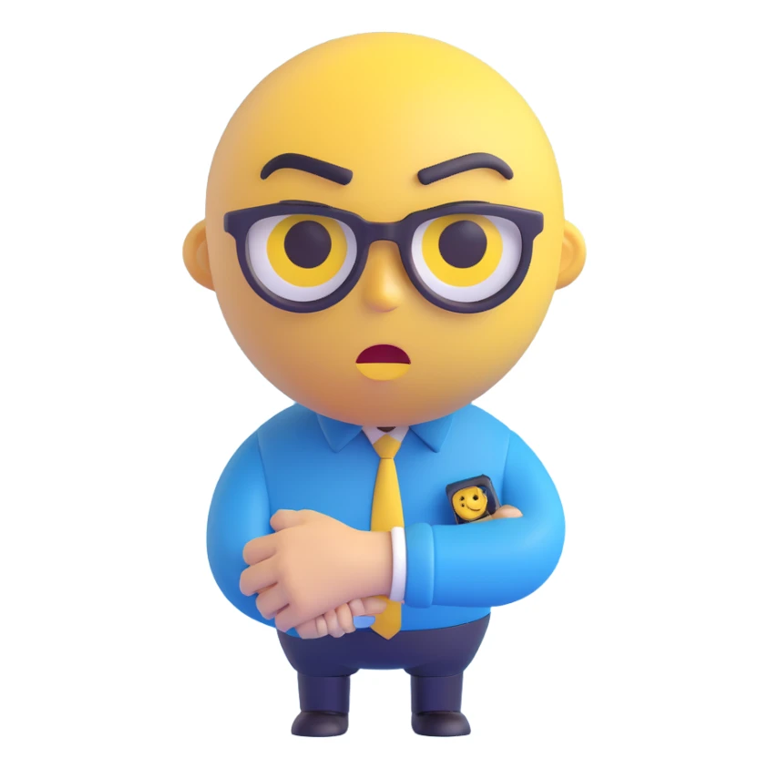 A yellow emoji face with a worried expression, looking at a wristwatch with raised eyebrows, showing urgency and stress sticker