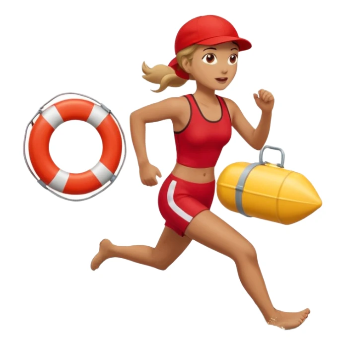Female lifeguard – red cap, running along shore with rescue buoy sticker