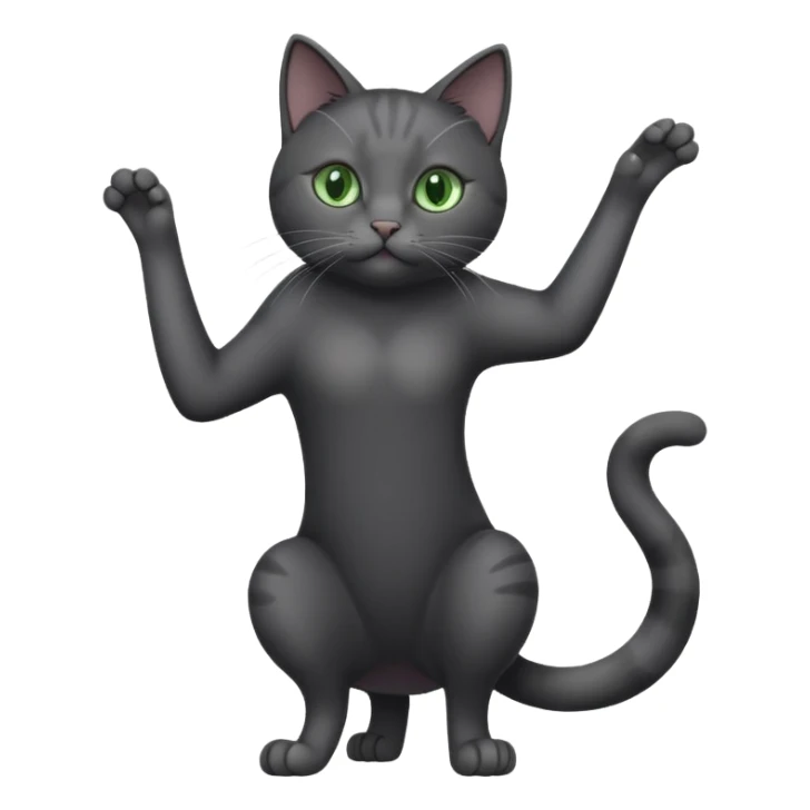 full body gorgeous solid dark grey cat with green eyes, white paws and white whiskers stretching sticker