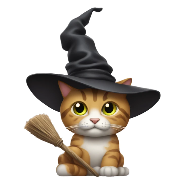 Cat wearing witch hat, holding a broom stick sticker