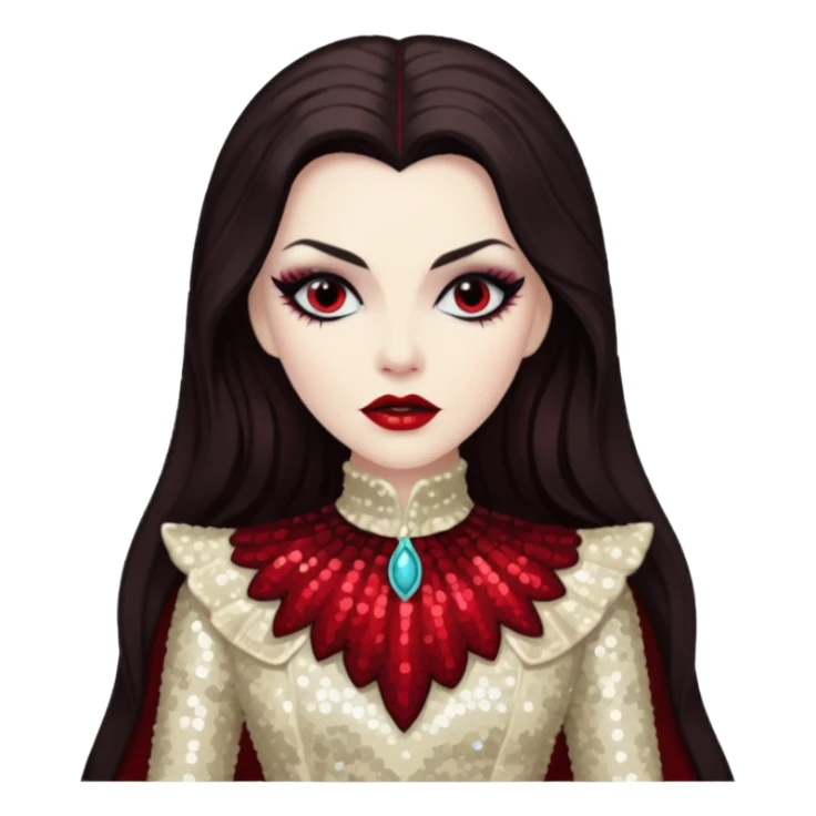 Countess Dracula with long dark brown hair, cream sequin outfit  sticker