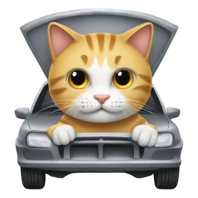 Cat with a wrench on a car hood, emoji style sticker