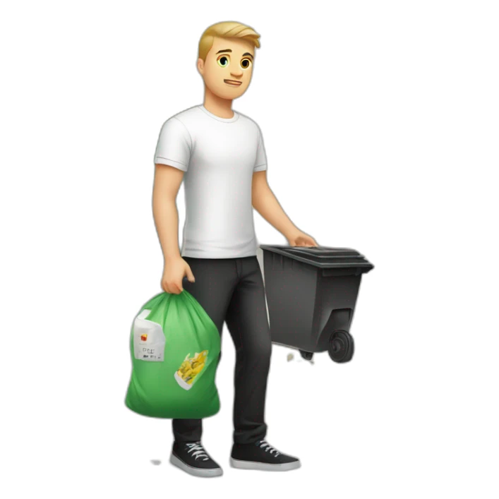 Slavic guy in a white T-shirt and black trousers throws out garbage sticker