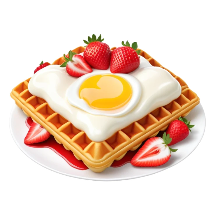 3D rendered Hong Kong egg waffle folded with strawberries and cream, vibrant red and white colors, hyper-realistic bubbled texture, glossy finish, detailed bubble surfaces, fun presentation, soft lighting sticker