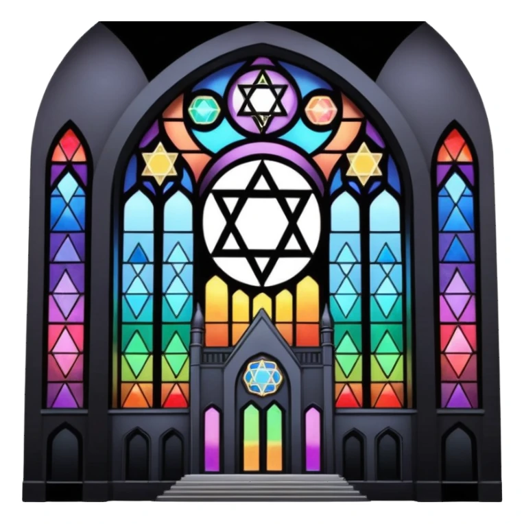 jewish synagogue temple in dark goth aesthetic style with black building and very light tint rainbow stained glass windows. and star of david and celestial symbolism sticker