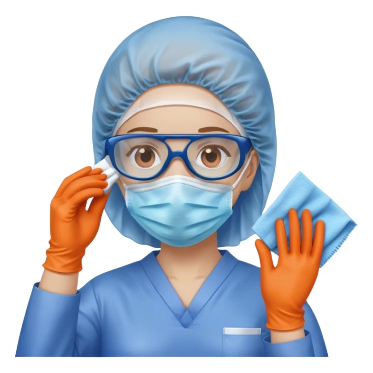 A meticulous cleanroom worker dressed in full protective gear, including a blue sterile suit, a face mask,  and orange gloves.  cleaning glasses with a wipe sticker