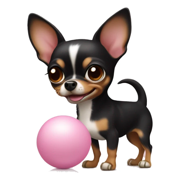 Black and brown chihuahua playing with small light pink ball sticker