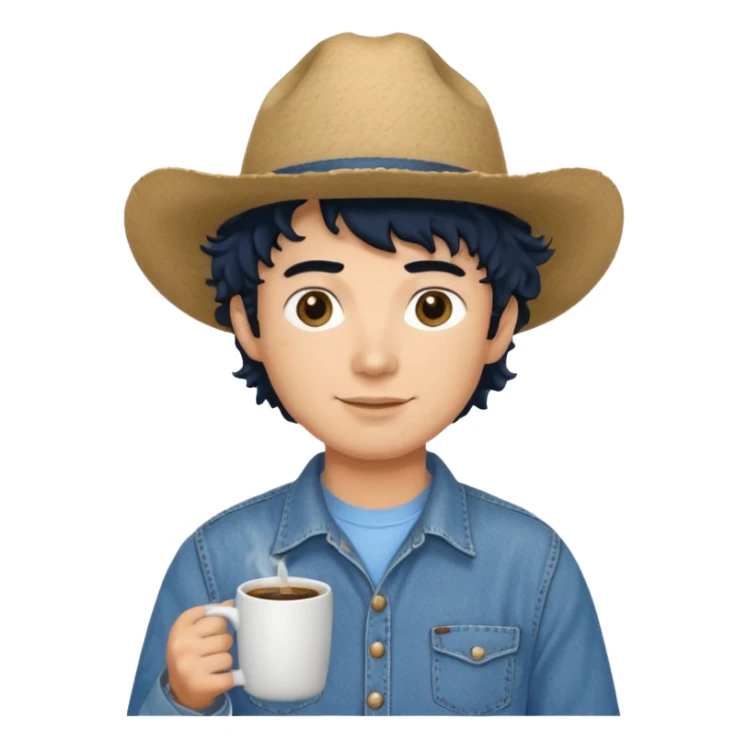 Ranch hand with blue hat and coffee mug, curly black hair sticker