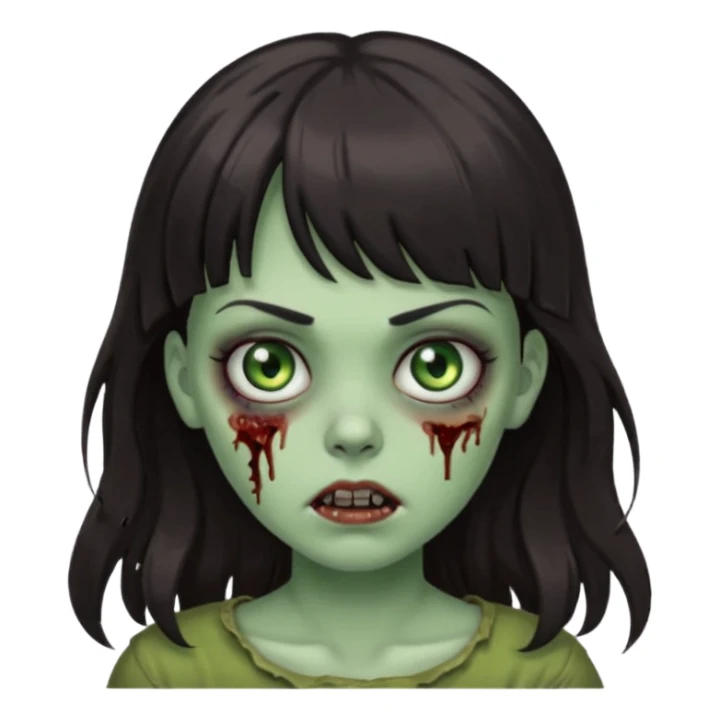 Zombie girl, with bangs above her eyebrows, her dark hair, thin eyebrows. Long hair and Wavy sticker