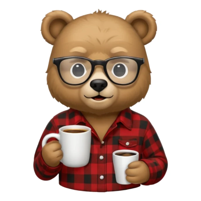 A bear with glasses dressed like a dad holding a coffee mug sticker