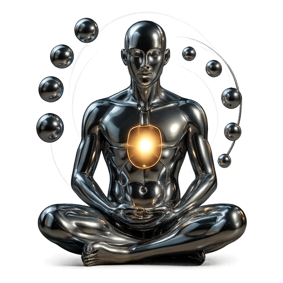 chrome style meditating figure in the lotus position with an open chest revealing a glowing light or energy inside, surrounded by spiraling spheres and a glowing aura, highly polished sticker