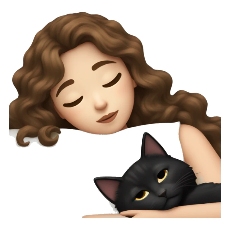 White Girl with long brown wavy hair and bangs napping with a black cat sticker