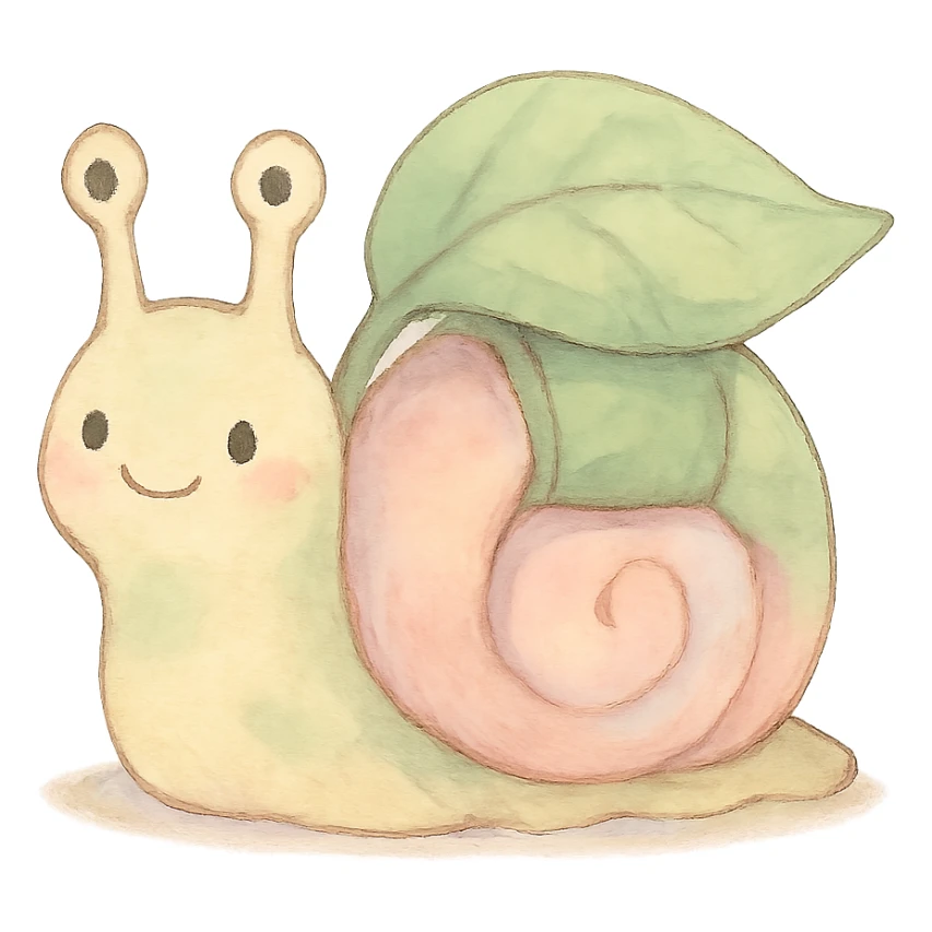 pastel snail with a leaf backpack, kawaii soft nature tone, soft pastel Ghibli style sticker