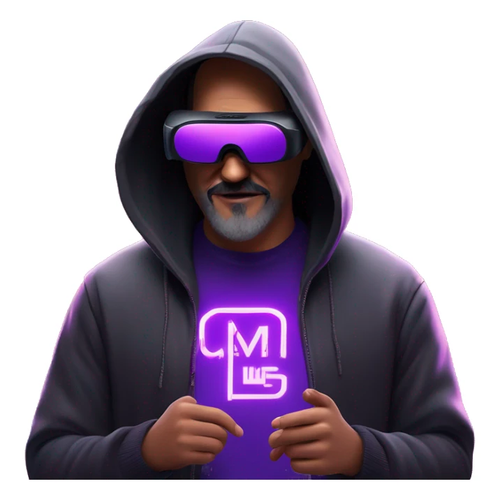 Big Lebowski wearing a black hoodie with "OMG" letters on it and VR headset oculus quest 2 in a cyberpunk VR environment with violet neon lighting. sticker