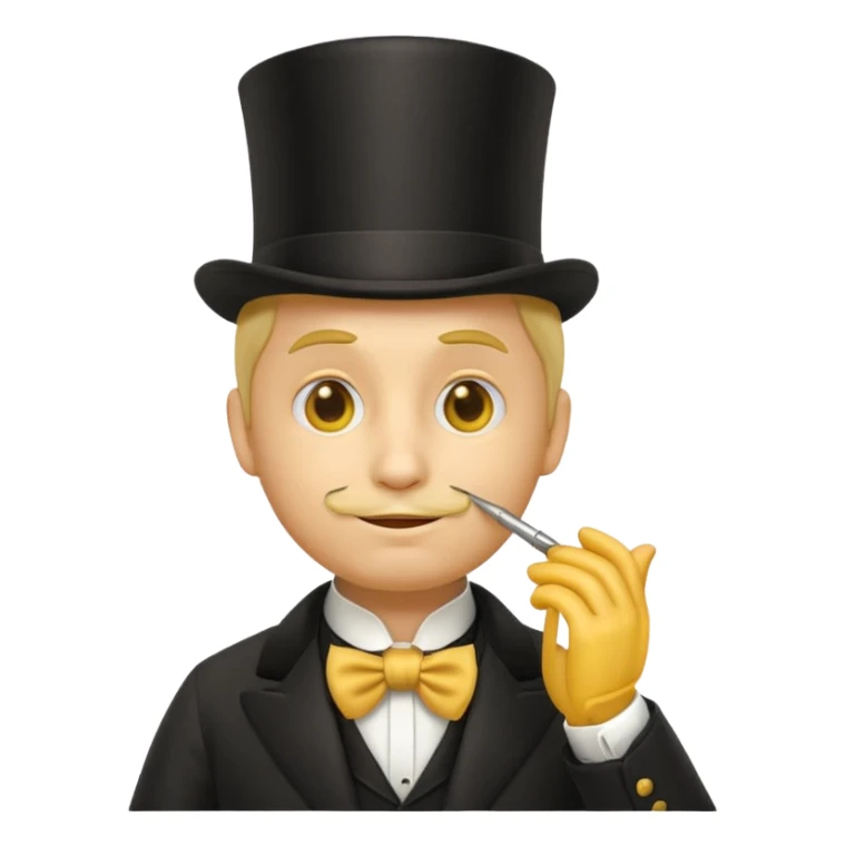 3d round yellow emoji with monocle and thoughtful expression, victorian gentleman attire, stroking chin dramatically, glossy 3d emoji style, plain white background sticker