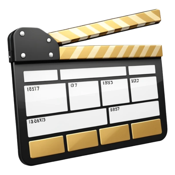stylized clapperboard with shiny gold upper part and white lower part, diagonal striped pattern sticker