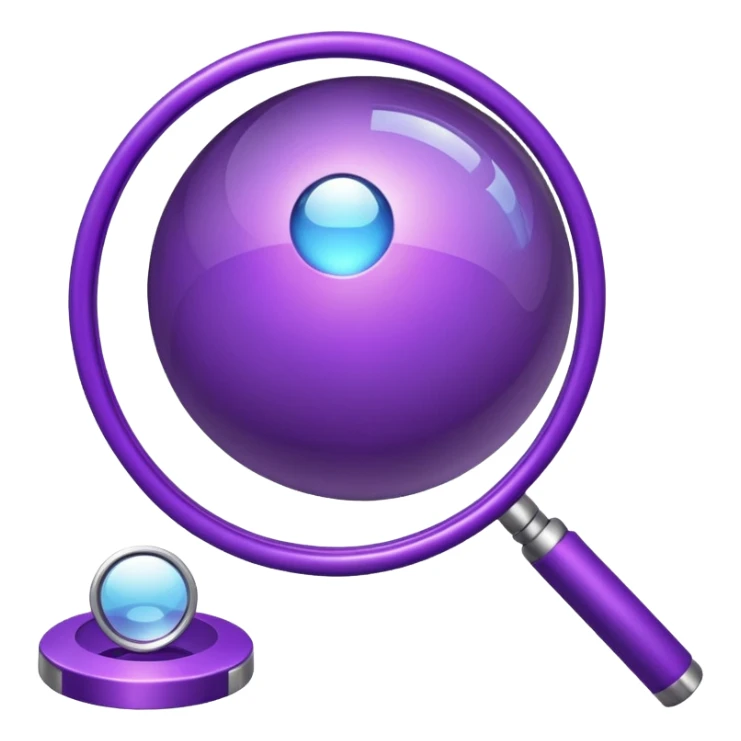 Minimal glossy purple icon of a network planet with a magnifying glass. sticker