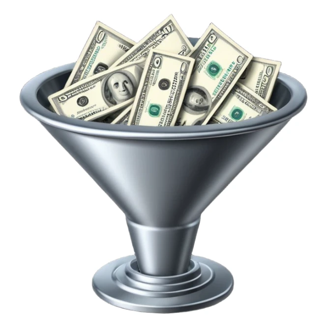 black marketing funnel with dollars at the bottom sticker