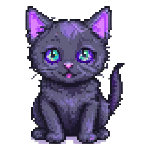 adorable black kitten with big purple eyes, playful expression, pixel art style sticker