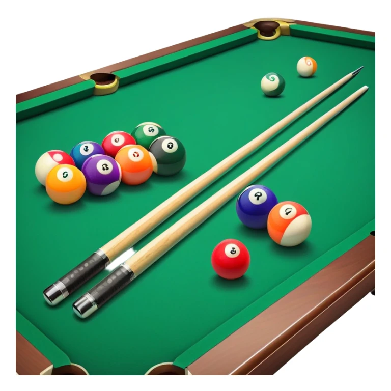 Two crossed pool cues resting on a billiard table, with colorful billiard balls scattered across the surface. The background features the felt of the table, creating an inviting atmosphere for a game of precision and strategy sticker