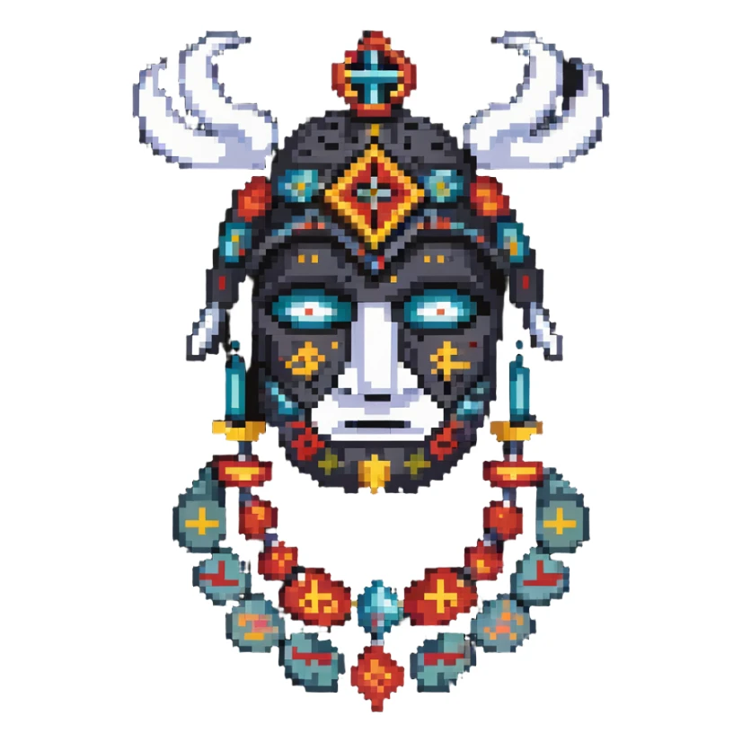 sackface character with elaborate ritual symbols stitched into mask sticker