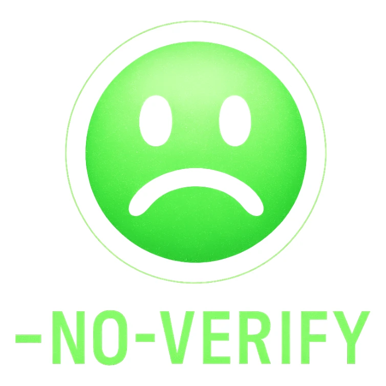emoji style icon with text '--no-verify', green glowing letters, Matrix hacker vibes, digital rain background sticker