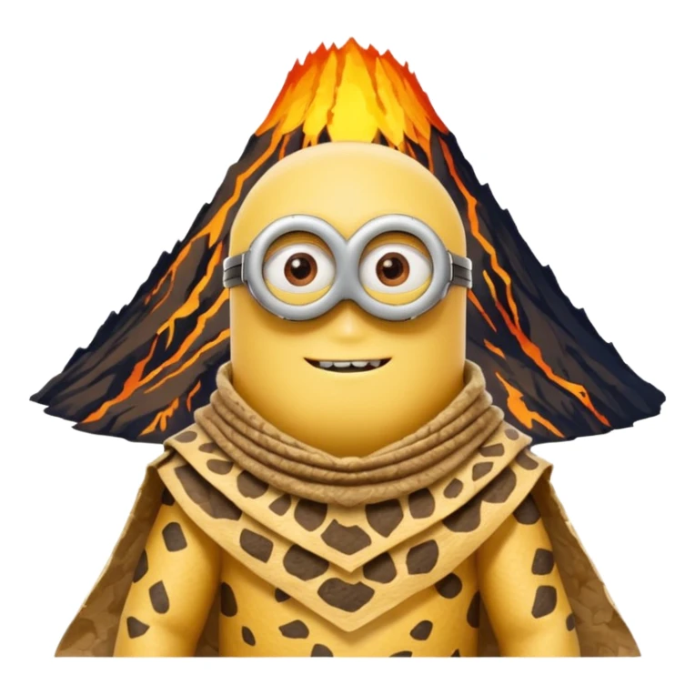 a minion wearing ancient animal skin cloth with volcano behind, half body, icon sticker