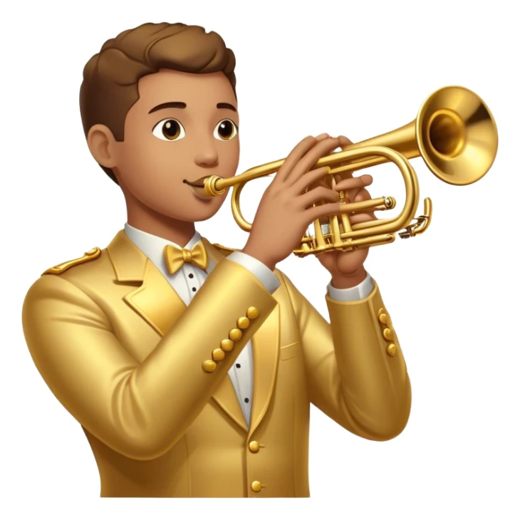 Cinematic Realistic Trumpet, polished brass with warm golden reflections, intricate valve details subtly highlighted, soft hands pressing the keys, glowing with bold and triumphant musical energy. sticker