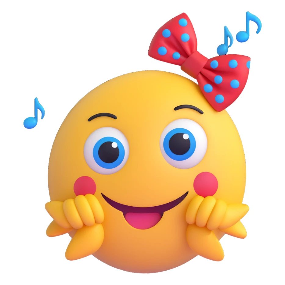 3D smiley emoji, large eyelashes, red polka dot bow, amazed, raised eyebrows, blue eyes, musical notes sticker