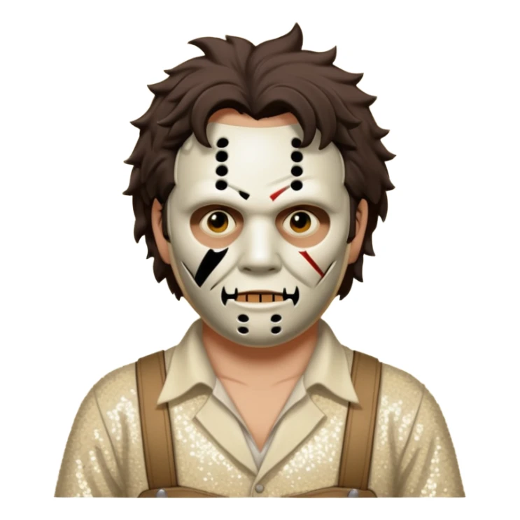 Leatherface with tan mask with dark brown hair, ivory sequin outfit  sticker